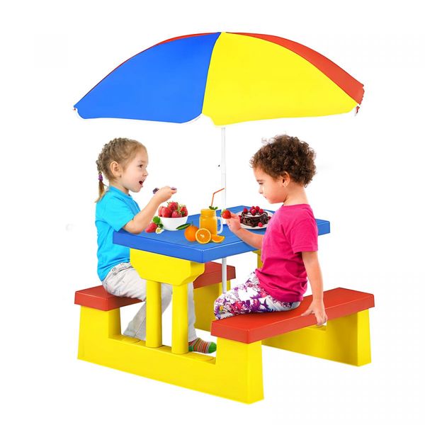 Kids Table and Chairs Toddler Childrens Picnic Activity Desk Outdoor Play Bench Set Furniture Portable Plastic with Umbrella