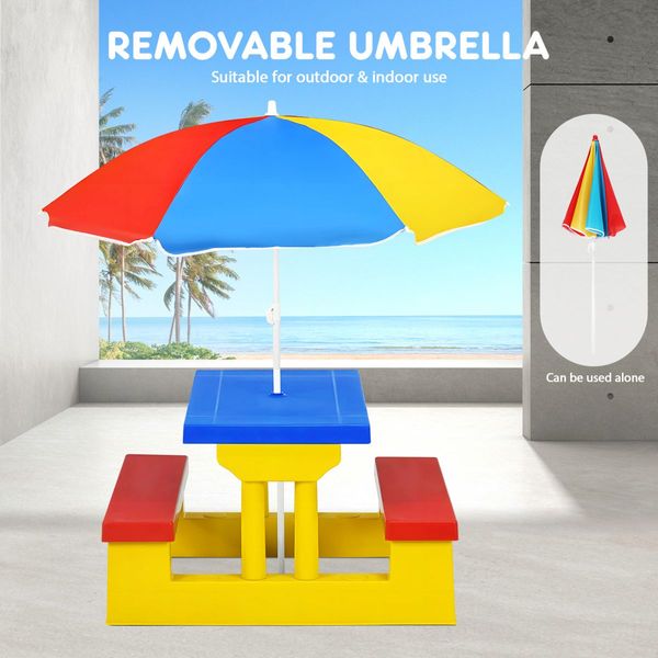 Kids Table and Chairs Toddler Childrens Picnic Activity Desk Outdoor Play Bench Set Furniture Portable Plastic with Umbrella