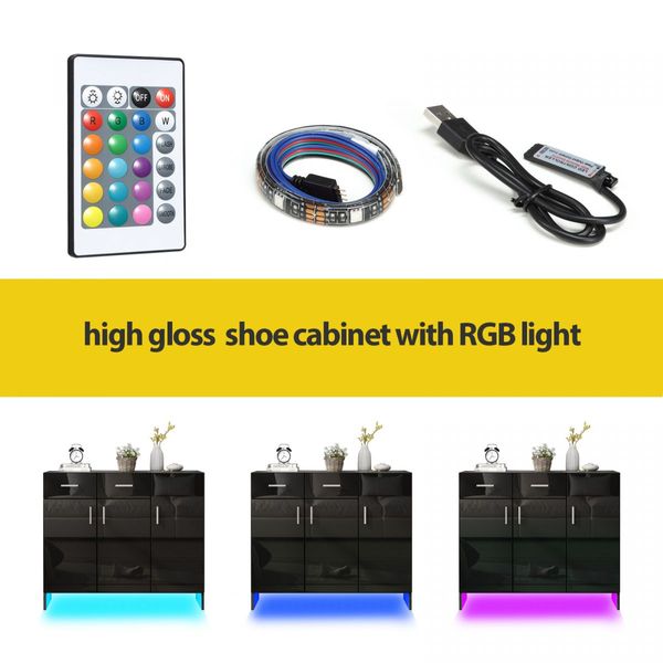 Wooden Shoe Storage Cabinet Rack Organiser Shelf Drawer Black High Gloss with Doors RGB Light