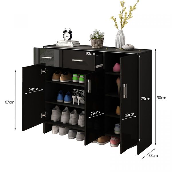 Wooden Shoe Storage Cabinet Rack Organiser Shelf Drawer Black High Gloss with Doors RGB Light