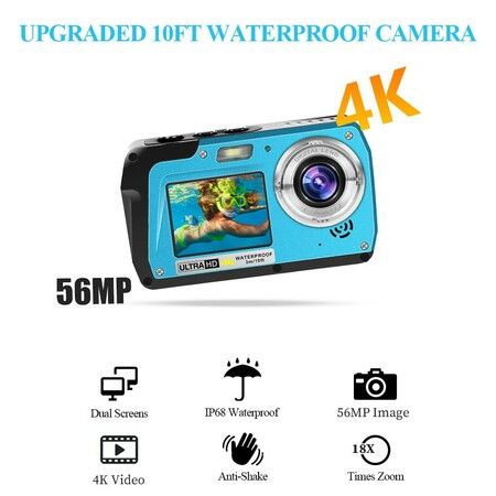 4K30FPS Waterproof Camera 56MP Underwater Cameras UHD Video Recorder Selfie IPS Dual Screens(3"/2") 10FT Waterproof Digital Camera for Snorkeling on Vacation 1700mAh (Blue)