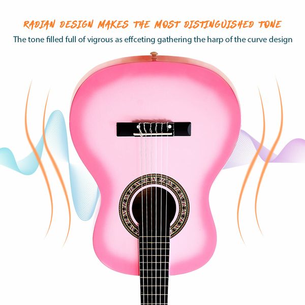 Melodic 34 Inch Kids Acoustic Guitar 6 Strings Tuner Cutaway Wooden Kids Gift Pink