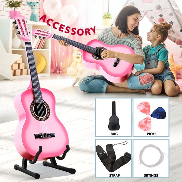 Melodic 34 Inch Kids Acoustic Guitar 6 Strings Tuner Cutaway Wooden Kids Gift Pink