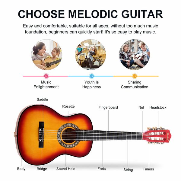 Melodic 34'' Kids Acoustic Guitar 6 Strings Tuner Cutaway Wooden Kids Gift Sunburst