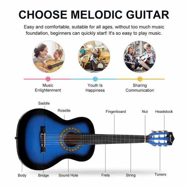 Melodic 34'' Kids Acoustic Guitar 6 Strings Tuner Cutaway Wooden Kids Gift Blue