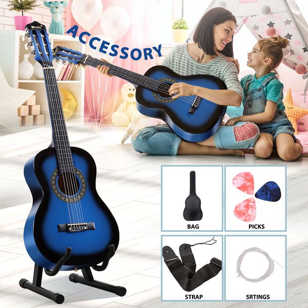 Melodic 34'' Kids Acoustic Guitar 6 Strings Tuner Cutaway Wooden Kids Gift Blue