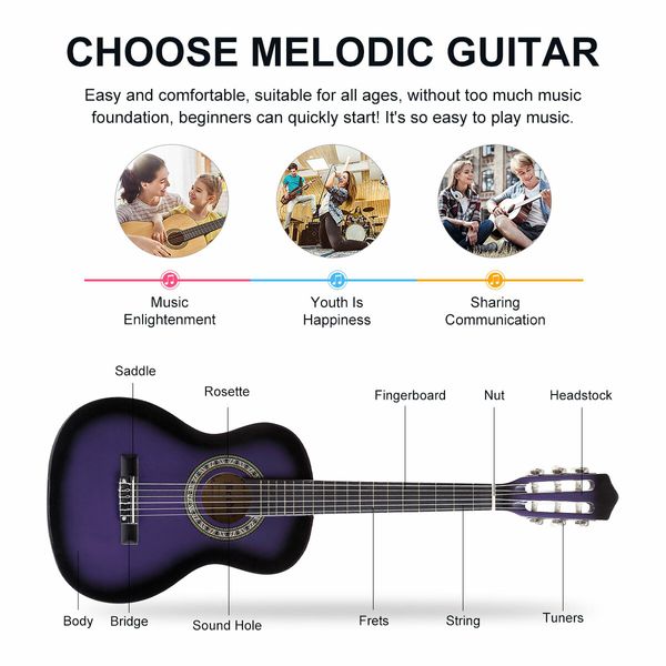 Melodic 34'' Kids Acoustic Guitar 6 Strings Tuner Cutaway Wooden Kids Gift Purple