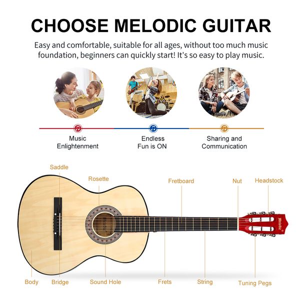 Melodic 38 Inch Folk Dreadnought Acoustic Guitar Pack Classical Cutaway Natural Wood