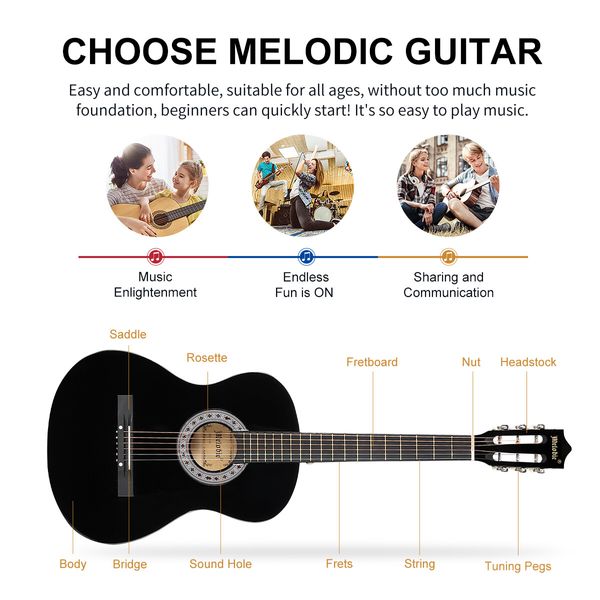 Melodic 38 Inch Folk Dreadnought Acoustic Guitar Pack Classical Cutaway Black