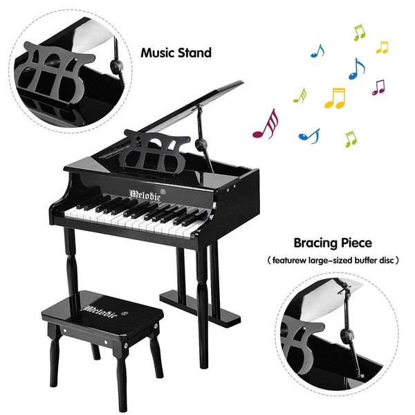 30 Key PianoChildren Kids Grand Piano Wood Toy w/ Bench Music Stand-Black Melodic