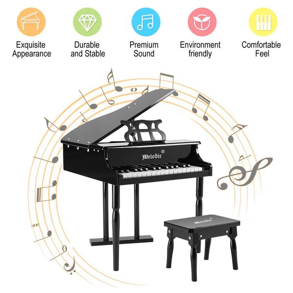 30 Key PianoChildren Kids Grand Piano Wood Toy w/ Bench Music Stand-Black Melodic