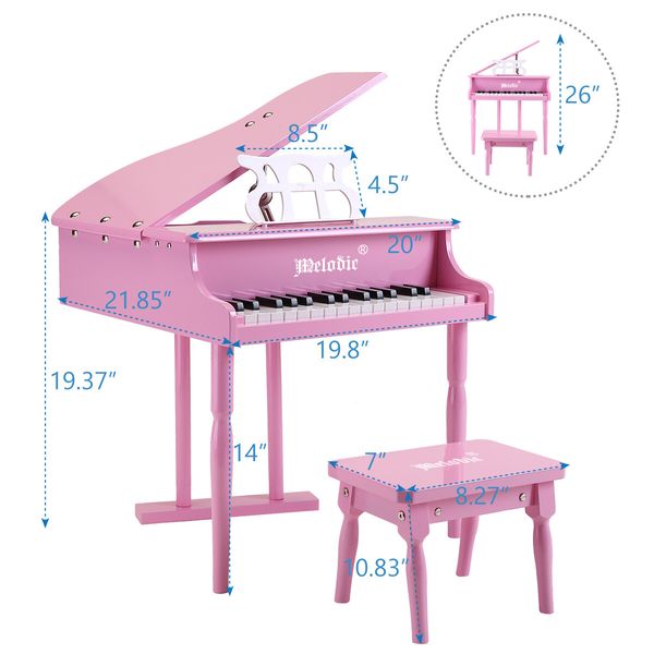 30 Key Piano Children Kids Grand Piano Wood Toy w/ Bench Music Stand-Pink Melodic