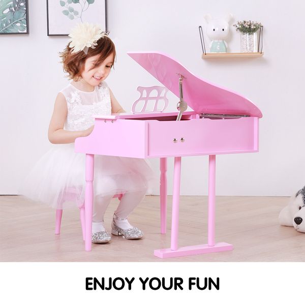 30 Key Piano Children Kids Grand Piano Wood Toy w/ Bench Music Stand-Pink Melodic