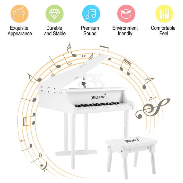 Melodic Classical Kids Piano Baby Grand Piano 30 Keys with Bench White