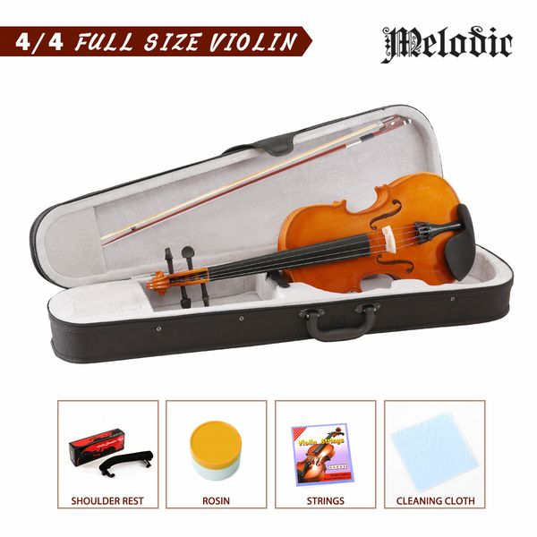 Melodic 4/4 Full Size Acoustic Violin Wooden Natural w/ Bow Rosin Strings Beginner