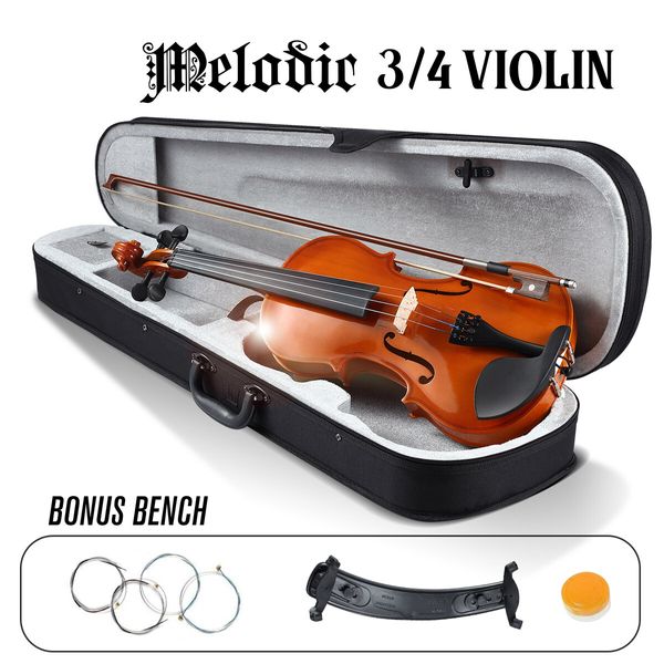 3/4 Acoustic Violin Kit 4 Strings Natural Varnish Finish w Case Bow Rosin Melodic