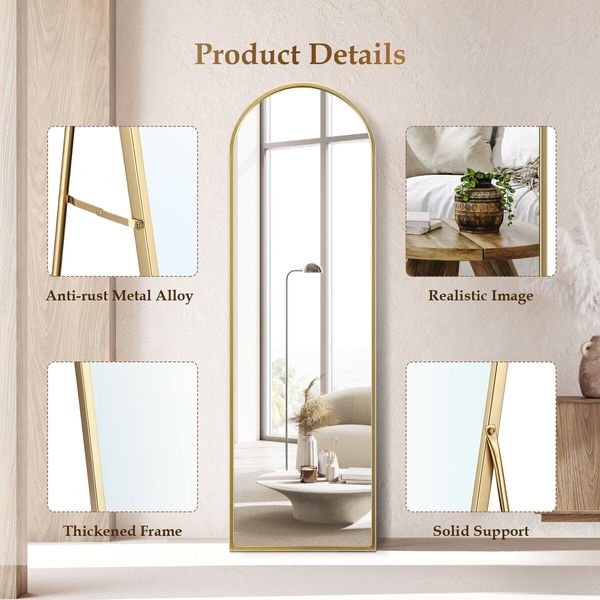 Arch Full Length Mirror Body Free Standing Floor Bedroom Hallway Leaning Makeup Vanity Dressing HD Glass Gold Metal Stand 50x2x160cm