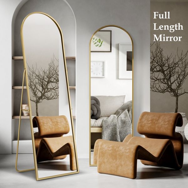 Arch Full Length Mirror Body Free Standing Floor Bedroom Hallway Leaning Makeup Vanity Dressing HD Glass Gold Metal Stand 50x2x160cm