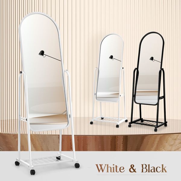 Full Length Mirror on Wheels Body Standing Hanging Floor Swivel Tilting Wall Mounted Arch Dressing Makeup Bedroom Hallway Storage White