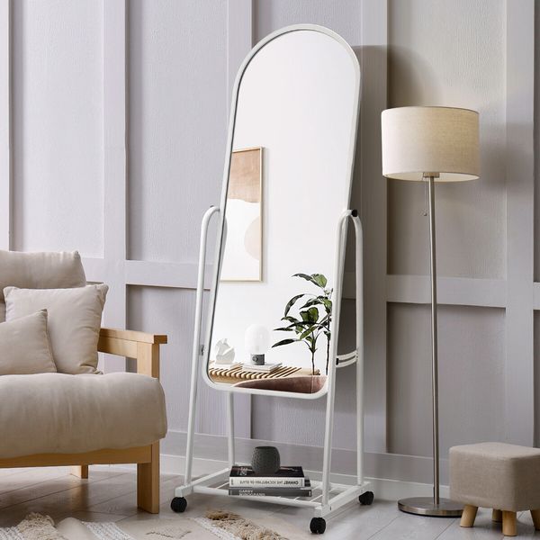 Full Length Mirror on Wheels Body Standing Hanging Floor Swivel Tilting Wall Mounted Arch Dressing Makeup Bedroom Hallway Storage White