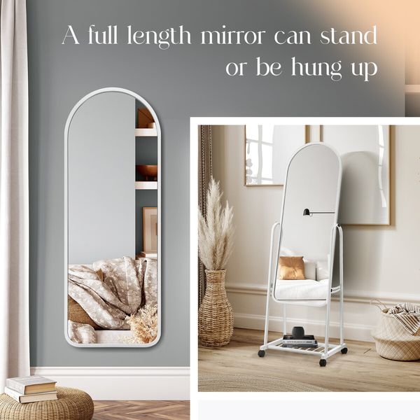 Full Length Mirror on Wheels Body Standing Hanging Floor Swivel Tilting Wall Mounted Arch Dressing Makeup Bedroom Hallway Storage White