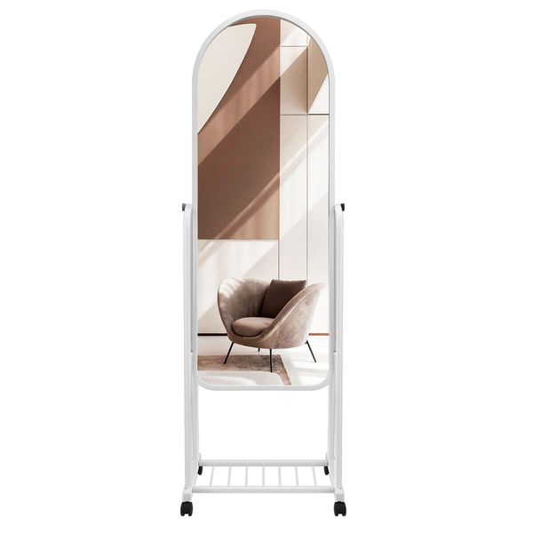 Full Length Mirror on Wheels Body Standing Hanging Floor Swivel Tilting Wall Mounted Arch Dressing Makeup Bedroom Hallway Storage White