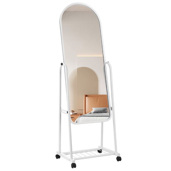 Full Length Mirror on Wheels Body Standing Hanging Floor Swivel Tilting Wall Mounted Arch Dressing Makeup Bedroom Hallway Storage White