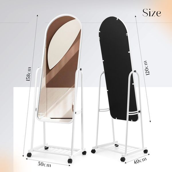 Full Length Mirror on Wheels Body Standing Hanging Floor Swivel Tilting Wall Mounted Arch Dressing Makeup Bedroom Hallway Storage White