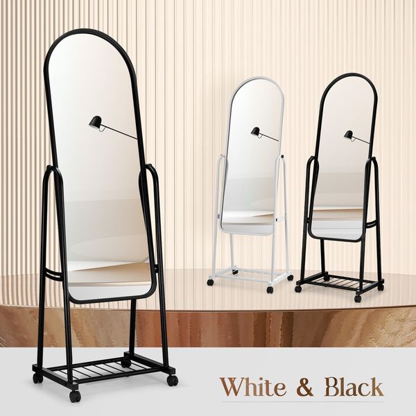 Full Length Mirror with Wheels Body Standing Hanging Floor Swivel Tilting Wall Mounted Arch Dressing Makeup Bedroom Hallway Storage Rack Black