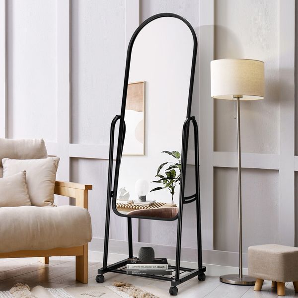 Full Length Mirror with Wheels Body Standing Hanging Floor Swivel Tilting Wall Mounted Arch Dressing Makeup Bedroom Hallway Storage Rack Black