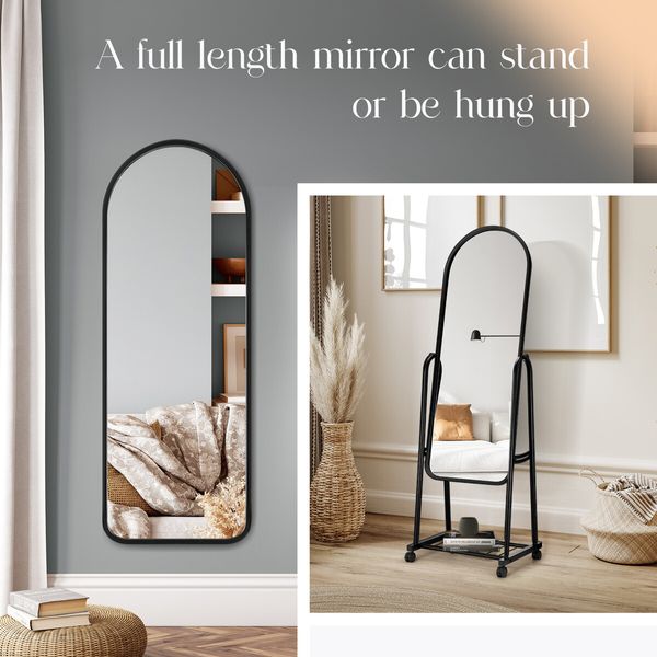 Full Length Mirror with Wheels Body Standing Hanging Floor Swivel Tilting Wall Mounted Arch Dressing Makeup Bedroom Hallway Storage Rack Black