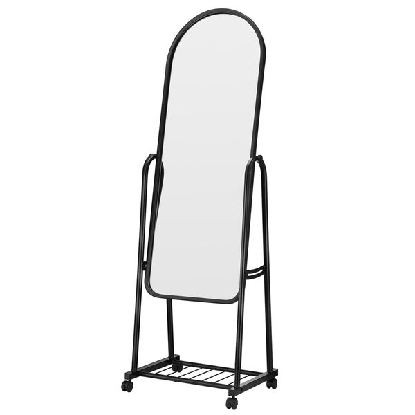 Full Length Mirror with Wheels Body Standing Hanging Floor Swivel Tilting Wall Mounted Arch Dressing Makeup Bedroom Hallway Storage Rack Black