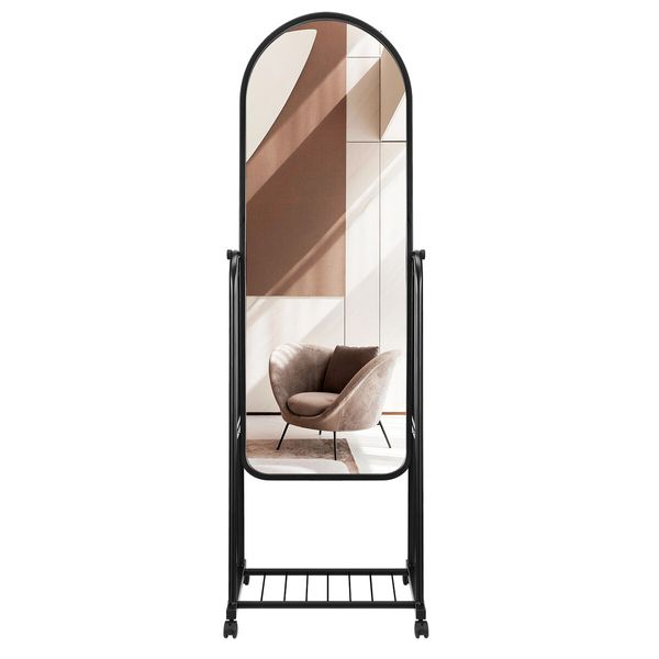 Full Length Mirror with Wheels Body Standing Hanging Floor Swivel Tilting Wall Mounted Arch Dressing Makeup Bedroom Hallway Storage Rack Black