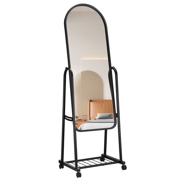 Full Length Mirror with Wheels Body Standing Hanging Floor Swivel Tilting Wall Mounted Arch Dressing Makeup Bedroom Hallway Storage Rack Black