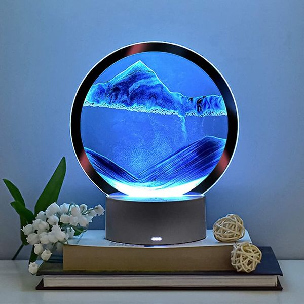 Moving Sand Art Picture Round Glass 3D Deep Sea Sandscape in Motion Display Flowing Sand Frame,Desktop Art Toys,Desktop Decorations (Purple)