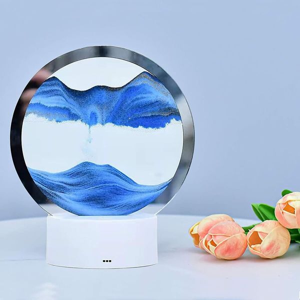 Moving Sand Art Picture Round Glass 3D Deep Sea Sandscape in Motion Display Flowing Sand Frame,Desktop Art Toys,Desktop Decorations (Blue)