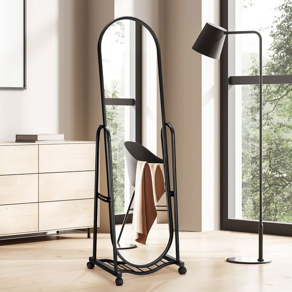 Full Length Mirror with Wheels Free Standing Hanging Floor Wall Mounted Arch Metal Bedroom Hallway Adjustable Angle Dressing Makeup Storage