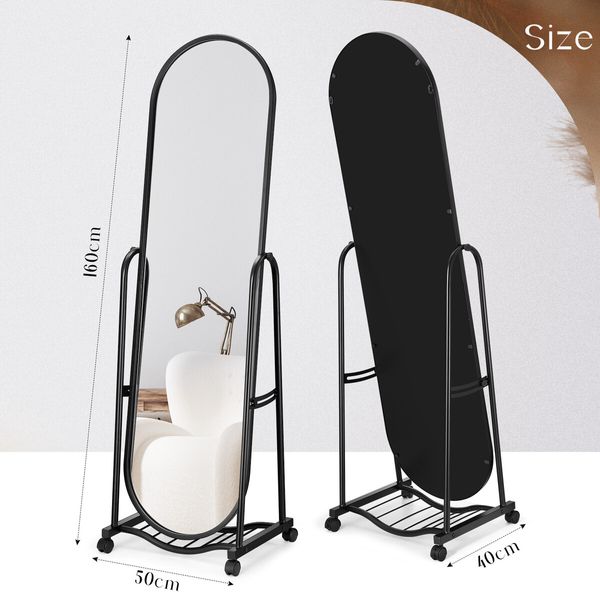 Full Length Mirror with Wheels Free Standing Hanging Floor Wall Mounted Arch Metal Bedroom Hallway Adjustable Angle Dressing Makeup Storage