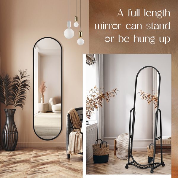 Full Length Mirror with Wheels Free Standing Hanging Floor Wall Mounted Arch Metal Bedroom Hallway Adjustable Angle Dressing Makeup Storage