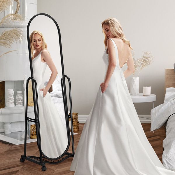 Full Length Mirror with Wheels Free Standing Hanging Floor Wall Mounted Arch Metal Bedroom Hallway Adjustable Angle Dressing Makeup Storage