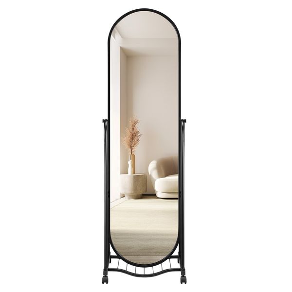 Full Length Mirror with Wheels Free Standing Hanging Floor Wall Mounted Arch Metal Bedroom Hallway Adjustable Angle Dressing Makeup Storage