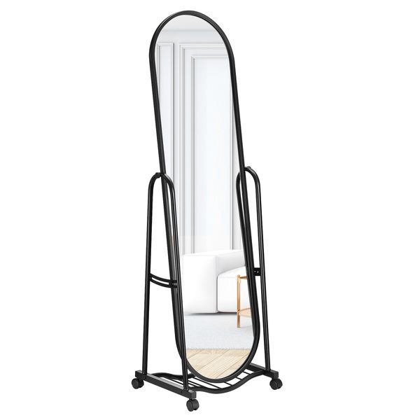 Full Length Mirror with Wheels Free Standing Hanging Floor Wall Mounted Arch Metal Bedroom Hallway Adjustable Angle Dressing Makeup Storage