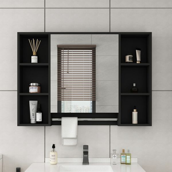 Bathroom Mirror Cabinet Storage Medicine Shelves Shaving Wall Cupboard Organiser Floating Vanity With Door Black