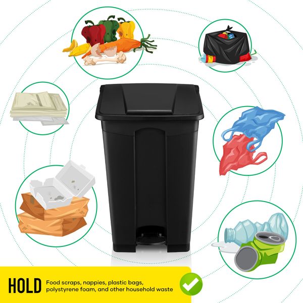 68L Rubbish Bin Kitchen Compost Dustbin Garbage Trash Waste Recycling Can Pedal Garden Home Office Large Plastic Black