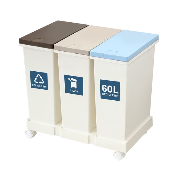 60L Rubbish Trash Bin 3 Compartment Kitchen Compost Dustbin Trash Garbage Waste Recycling Can White Large Plastic