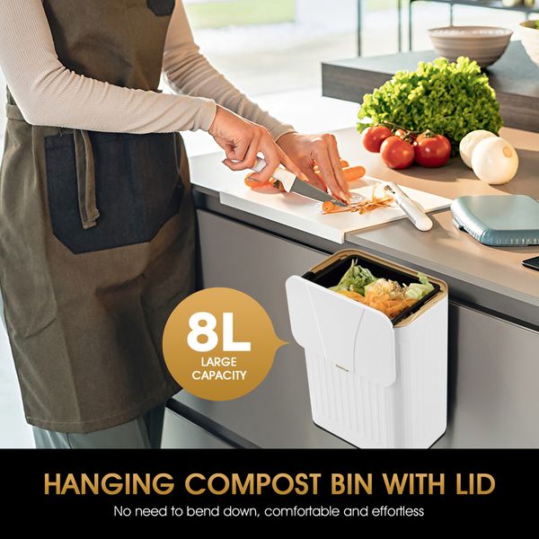 8L Rubbish Trash Bin Kitchen Garbage Waste Dustbin Recycling Compost Can Under Sink Countertop Hanging White Plastic