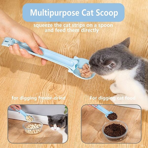 Cat Scoop with Squeeze Strap, Multi-Functional Cat Food Scoop, Wet Food Scoop, Cat Bar Shoveler (Blue)