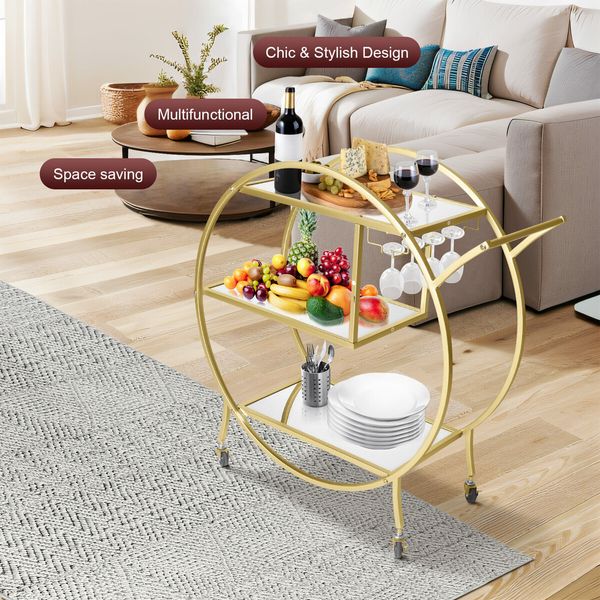 Bar Cart Wine Rack Drinks Bar Trolley Glass Holder Gold Cart Serving Glass Shelves Metal Frame Mobile Wheels Round