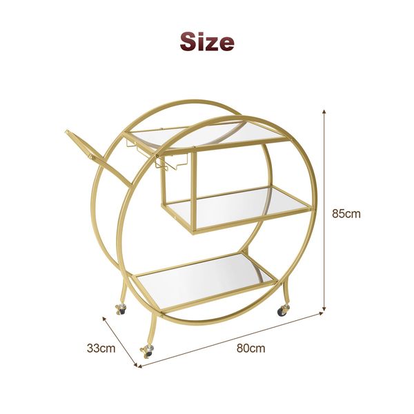 Bar Cart Wine Rack Drinks Bar Trolley Glass Holder Gold Cart Serving Glass Shelves Metal Frame Mobile Wheels Round