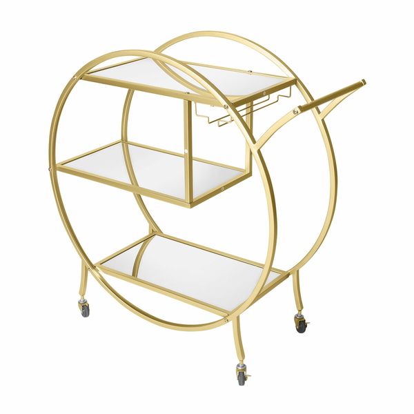 Bar Cart Wine Rack Drinks Bar Trolley Glass Holder Gold Cart Serving Glass Shelves Metal Frame Mobile Wheels Round